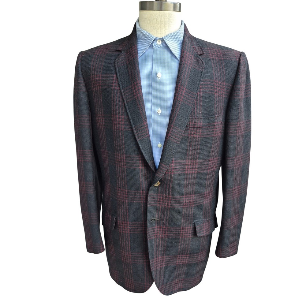 Hickey Freeman Customized Mens Plaid Blazer Sport Coat Black Red Sz 44 R VTG